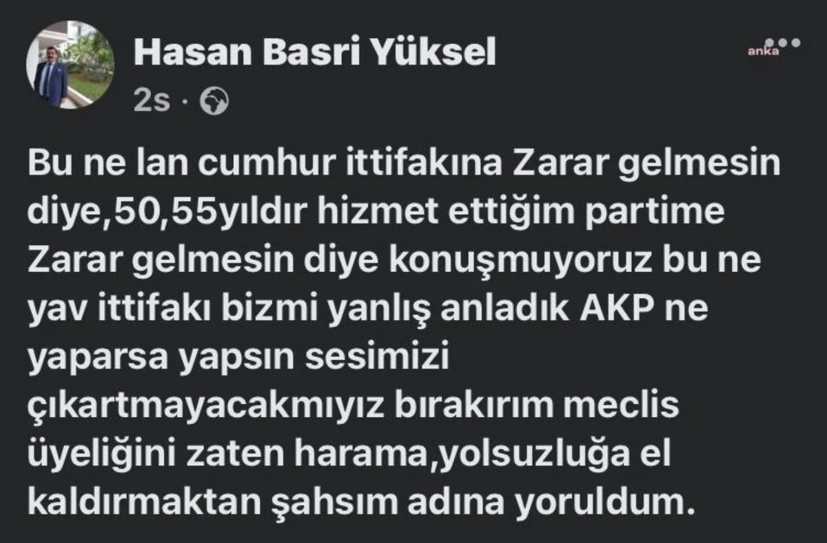 solcugazete's tweet photo. Malatya Yeşilyurt Belediyesi’nin MHP’li Meclis üyesi Hasan Basri Yüksel, "AKP ne yaparsa yapsın sesimizi çıkartamayacak mıyız? Harama, haksızlığa el kaldırmaktan şahsım adına yoruldum." diyerek istifa etti https://t.co/ynfXvJaItG