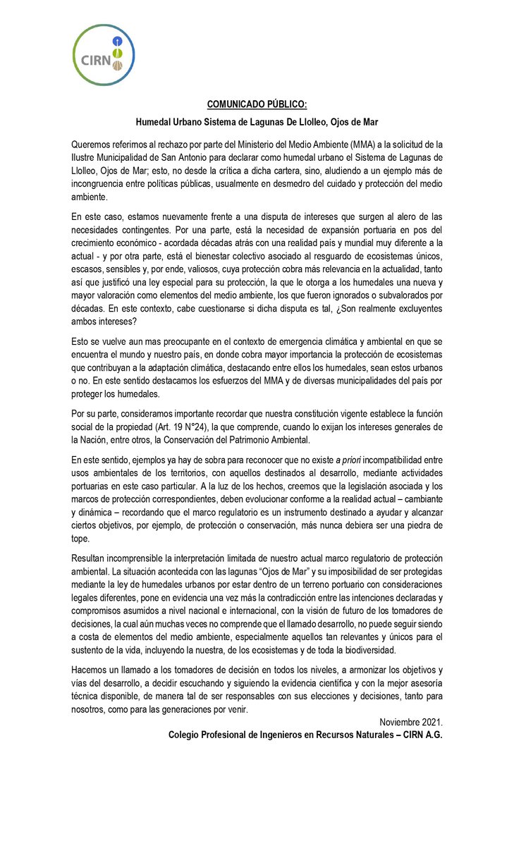 CIRN_AG's tweet photo. Comunicado público sobre la situación del Humedal Urbano Sistema de Lagunas De Llolleo, Ojos de Mar
@MMAChile @mma_valparaiso @imsanantoniocl @FundCosmos @OjosdeMarONG @puertodechile
#Humadales #HumedalesUrbanos #Protección #CambioClimatico #SanAntonio #Llolleo #puerto #ALERTA https://t.co/9S1O624WOK