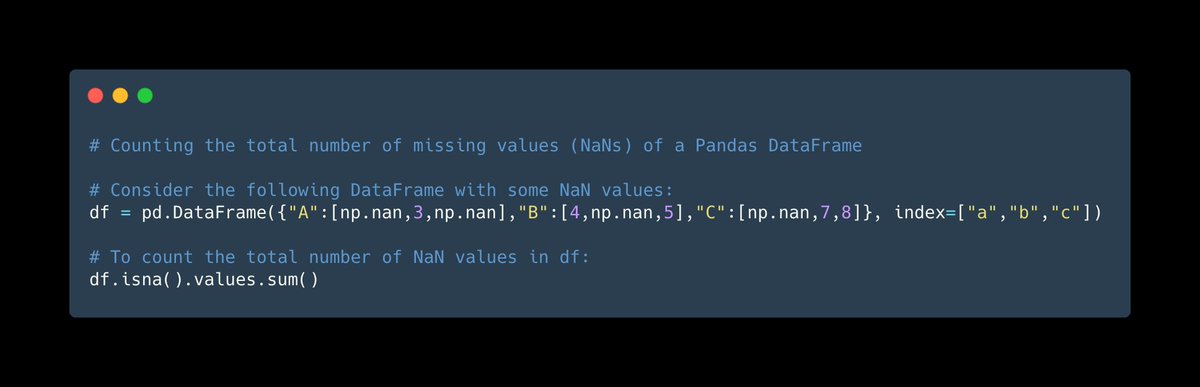 SkyTowner's tweet photo. Pandas |  Counting the total number of missing values (NaNs) of a Pandas DataFrame
Recipe #3

For a complete guide:
https://t.co/e1ZkbcjfGR

#Python #Pandas #Programming #DataScience #DataFrame https://t.co/IgRQOadG3X