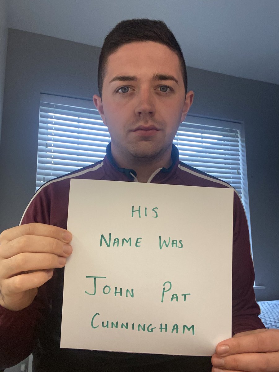 His name was John Pat Cunningham. 
Shot in the back as he ran for his life from a British army foot patrol.

#HisNameWasJohnPatCunningham