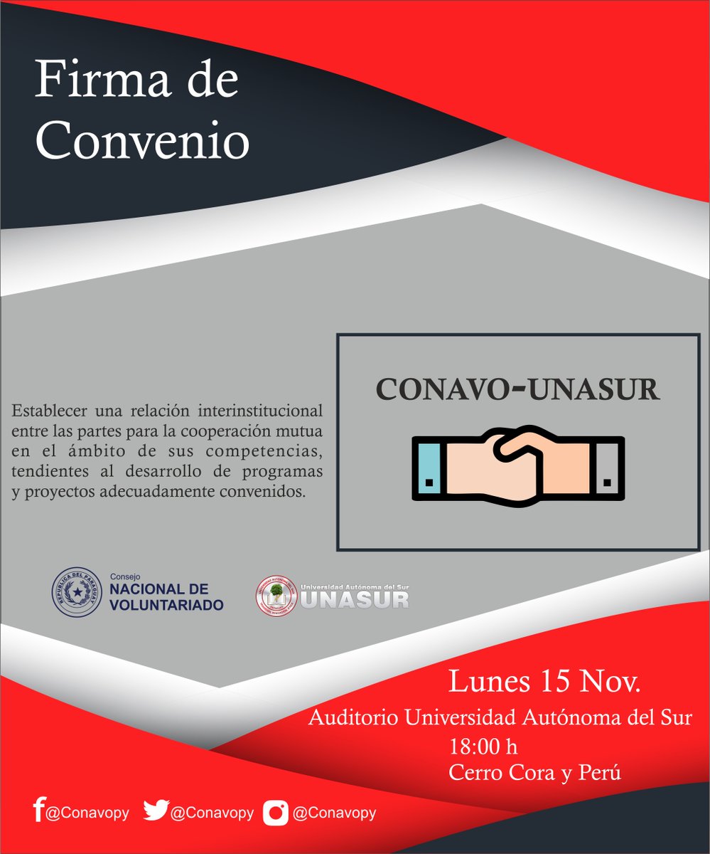 ConavOpy's tweet photo. FIRMA DE CONVENIO entre la UNASur y el CONAVO con el fin de establecer una relación interinstitucional entre las partes para la cooperación mutua en el ámbito de sus competencias, tendientes al desarrollo de programas y proyectos adecuadamente convenidos.
#CONAVOpy #Voluntariado https://t.co/IQckvmFWD5