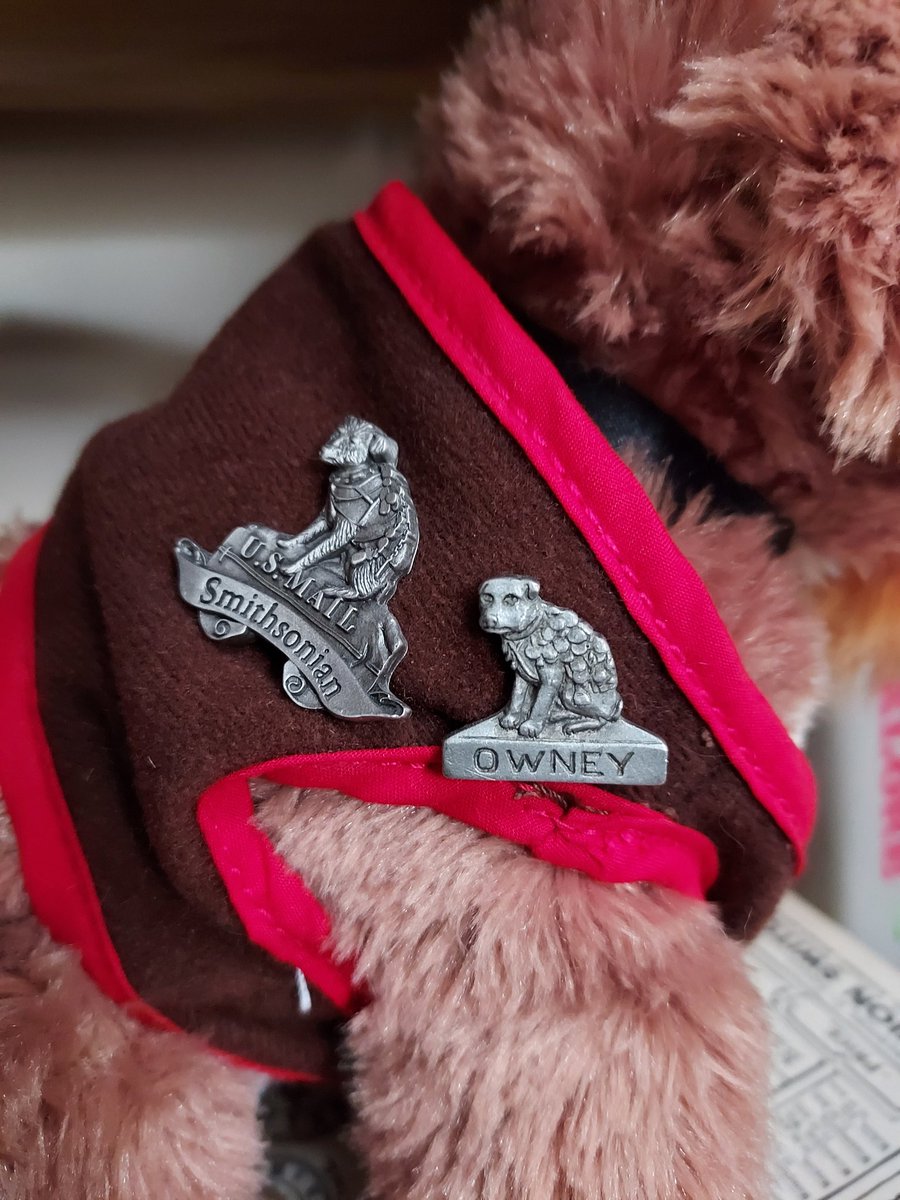 FindingRRJack's tweet photo. #Museum30 something tiny: little Owney pins adorning the vest of a little Owney stuffed animal https://t.co/ystwwSblD8