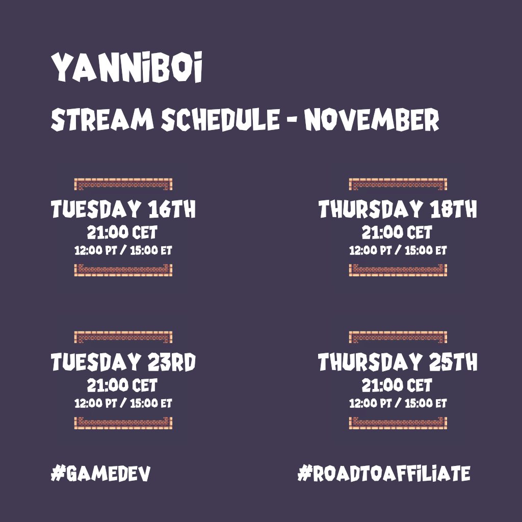 LockdownPatrol's tweet photo. Not sure how, but I managed to get the timezones wrong last time.
Here is my updated Stream Schedule for November for my #RoadToAffiliate working on #TowerOffender
#gamedev #indiedev #twitch #madewithunity #2d #platformer #towerdefence https://t.co/pHfpFb72NK