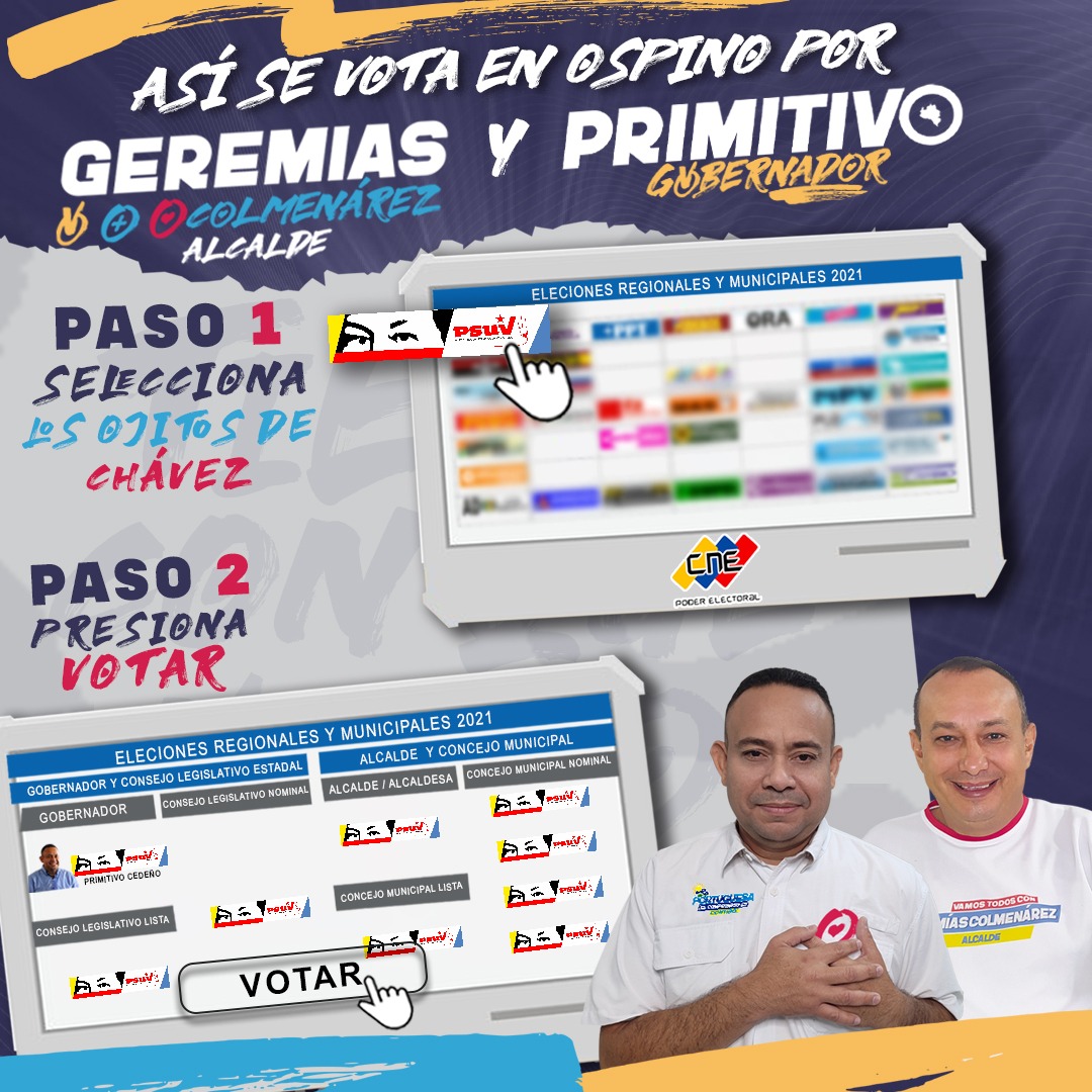 Este #21N en Ospino Votamos Asi, Votamos PSUV
Por un Futuro de crecimiento, desarrollo y bienestar para todos en Ospino vamos todos a votar por Primitivo Cedeño Gobernador y Geremias Colmenarez Alcalde ¡Contamos Contigo #PortuguesaElCompromisoEsContigo #OspinoTieneConQué*_
