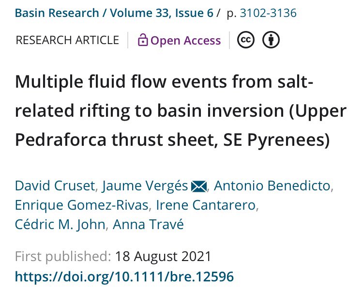 Sedimentary Geology Research Group (@sedgeology_rg) on Twitter photo Have you seen this paper from @DavidCruset and others in <a href="/BasinResearch/">Basin Research</a>?
It is of course #OpenAccess and reconstructs the fluid flow evolution of a portion of the inverted Pyrenean rift from the Mesozoic extension to the Alpine orogeny.
doi.org/10.1111/bre.12… Have you seen this paper from @DavidCruset and others in <a href="/BasinResearch/">Basin Research</a>?
It is of course #OpenAccess and reconstructs the fluid flow evolution of a portion of the inverted Pyrenean rift from the Mesozoic extension to the Alpine orogeny.
doi.org/10.1111/bre.12…