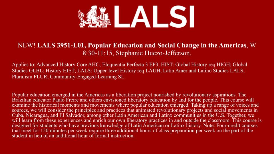 Fordham_LALSI's tweet photo. NEW LALS Course for Spring 2022! LALS 3951-L01, Popular Education and Social Change in the Americas, W 8:30-11:15, Stephanie Huezo-Jefferson https://t.co/h24pWtjDn1