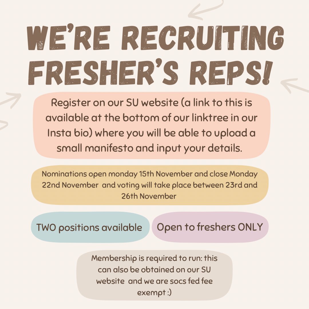 We’re so happy to announce that we’ll be nominating TWO freshers reps to our exec !!! 🥳🤩 we’re so excited to hear from you, 
Love and solidarity, 
WASS 
💜💜💜