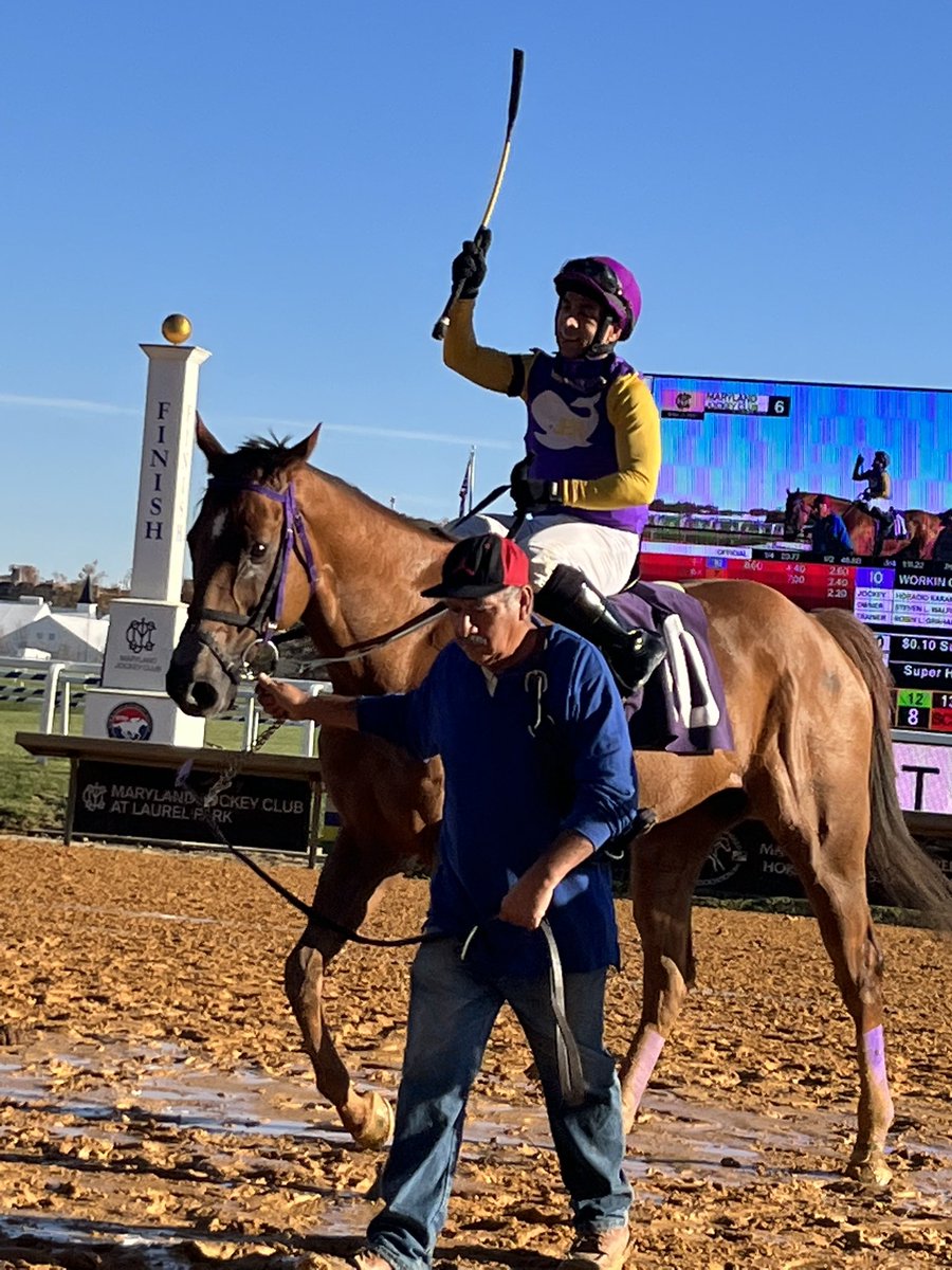 ScottWykoffWBAL's tweet photo. It was no turf, no problem at @LaurelPark for Steven Walfish’s Workin On a Dream that went gate-to-wire in Race 6 that was rained off the grass to #LaurelPark’s newly renovated main track. The winning time for a mile was 1:36.55 for trainer #RobinGraham as called by @DaveRodman ! https://t.co/H46HeoALg0