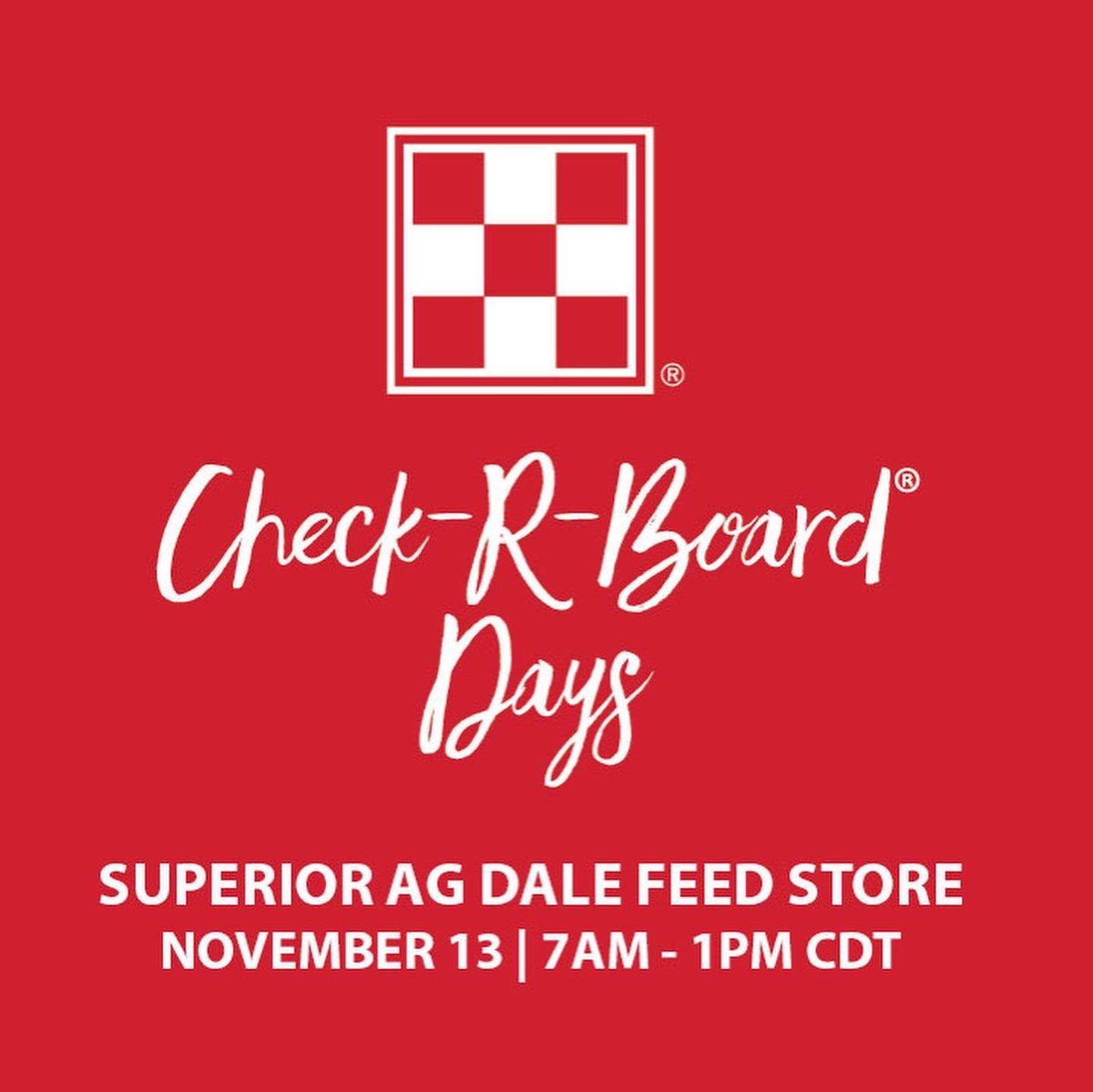 SuperiorAgCoop's tweet photo. TODAY'S THE DAY! Join us from 7am - 1pm central for Check-R-Board Days! We will have store specials, good food, @Purina Rep, David Williams, and awesome prizes! We can't wait to see everyone! 

Address: 21915 N CR 400 East, Dale, IN 47523 | Event details: https://t.co/Mw5gy9vjm8 https://t.co/ixFBh9258t