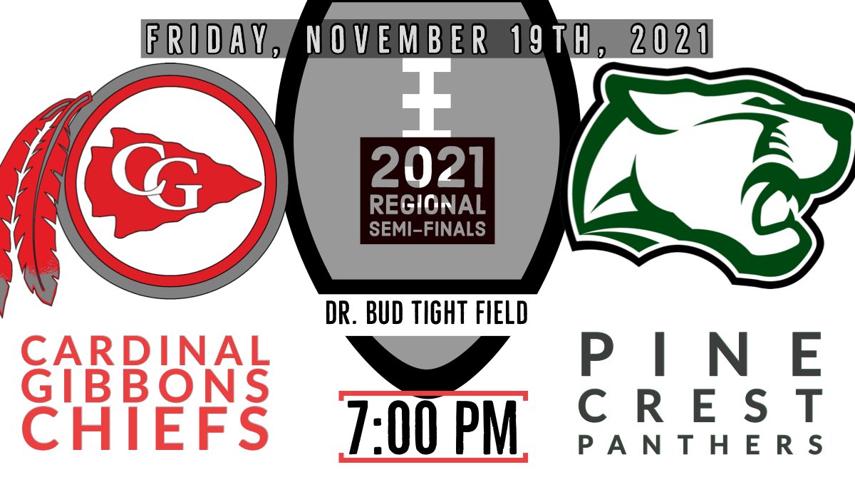 Join us this Friday for the 2021 4A Regional Semi-Finals| #RoadToStates | CG Chiefs VS PC Panthers <a href="/CGHSChiefs/">Cardinal Gibbons Chiefs Athletics</a> | See you all at Dr. Bud Tight Field 🔴⚪️🛎🗣 #BlackJack21