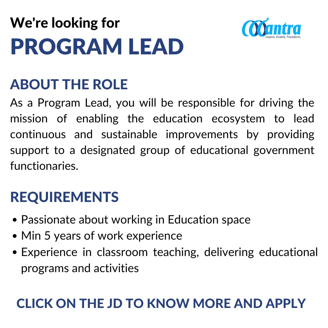 mantra4change's tweet photo. #HiringAlert: Our #Punjab Team is looking for a #ProgramLead! Check out the JD to know more: https://t.co/ydbJ2rWNB4
Tag or share it with someone who would like to explore this #opportunity!
#Punjab #India #Chandigarh #Mohali #EducationIndia #NGOIndia #HiringIndia #HiringIndia https://t.co/haE7kqkDfP