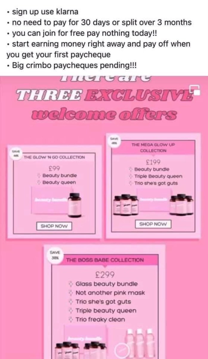 MLMshyster's tweet photo. What do you get when @Klarna is mixed with a #pyramidscheme called #Glowb (#businessbombshells)?  Almost certain #debt.  This is a toxic thing to do to ppl and companies like Glowb need to be abolished as does their mode of operation; #MLM. #socialselling #antimlm #credit #klarna https://t.co/u1PHLH5Kp7