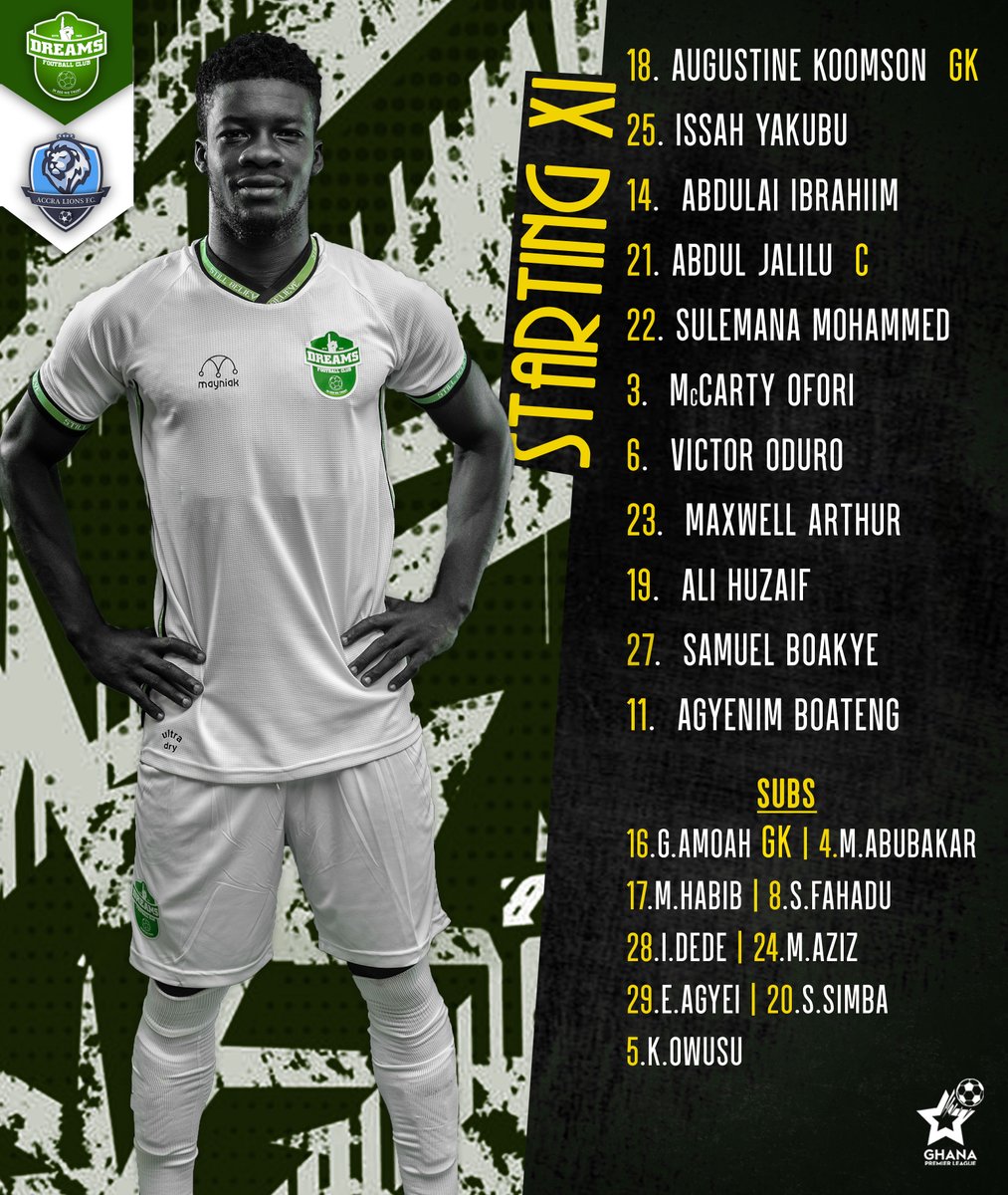 DreamsFootballC's tweet photo. π | πππΌπππππ ππ
Zito makes 4οΈβ£ changes in the side that beat Elmina.
βͺKoomson π§€ replaces #Agbasi who is out of the team due to an injury.
βͺAli Huzaif & #Issah Yakubu will be making their first start of the season.
#GPLwk3 | #IGWT https://t.co/A1AbJuc4jA