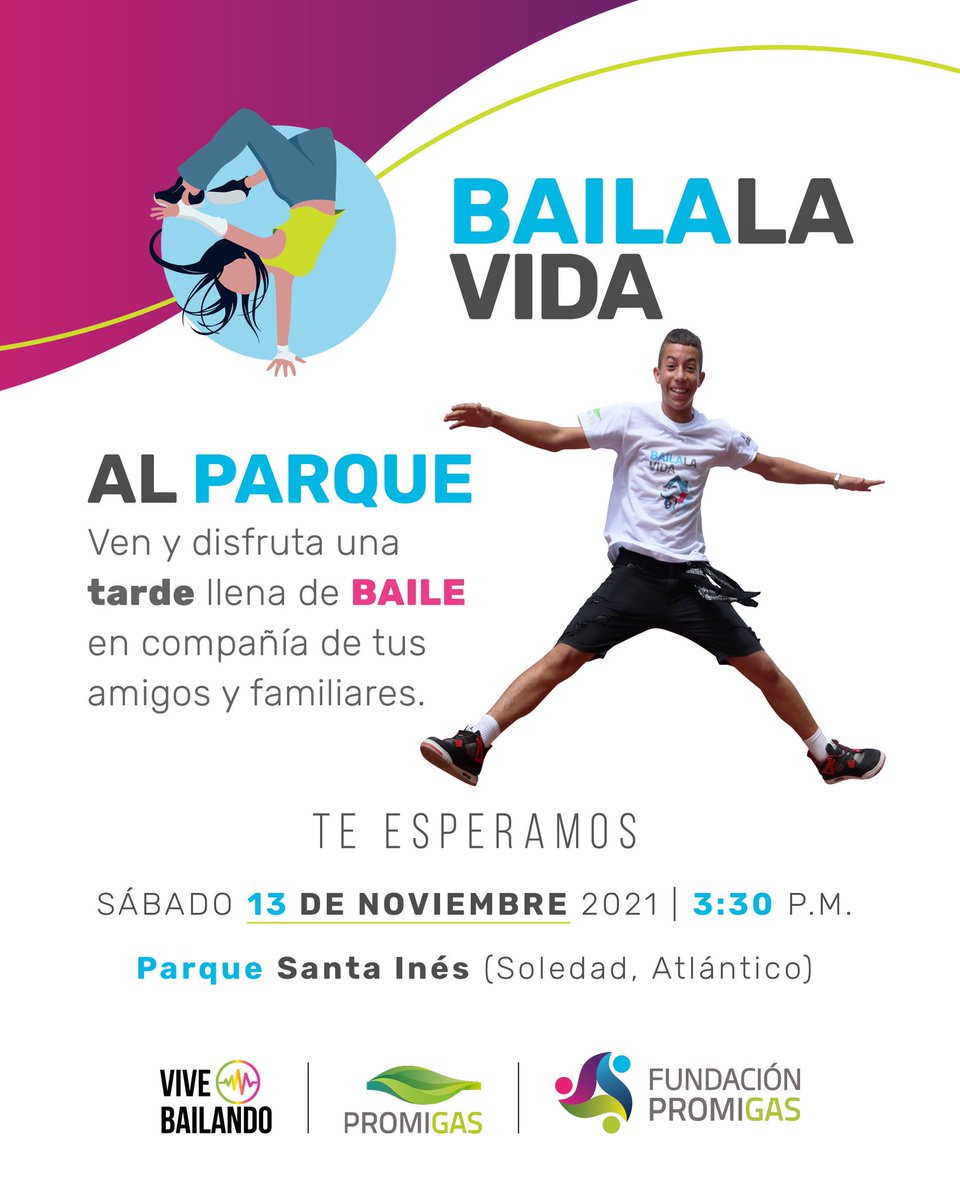 FundPromigas's tweet photo. ¡Disfruta de #BailaLaVida al parque! 💃🏻🕺🏻 Si estás en Soledad (Atlántico), agéndate con este plan de nuestros beneficiarios con @promigasoficial y @vive_bailand0. Avísale a tu combo de amigos y vente a bailar la vida 👯‍♂️🎶. ¡Te esperamos! https://t.co/ytBUfiEPBx