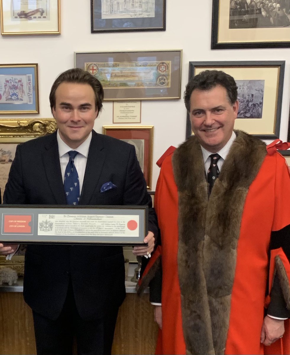 DomThomasJames's tweet photo. Honoured to be admitted as a Freeman of the City of London! Delighted to share the Guildhall ceremony with family, friends and colleagues inc Lord Mayor Elect Vincent Keaveny, Prof Barry Rider OBE, Sir Ivan Lawrence QC, Ms May Li Hong Xing, and Colonel Robert Murfin DL. https://t.co/4oQmhPfq6p