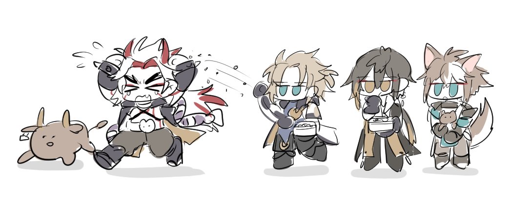 albedo (genshin impact) ,arataki itto ,gorou (genshin impact) multiple boys dog ears animal ears horns dog boy brown hair tail  illustration images