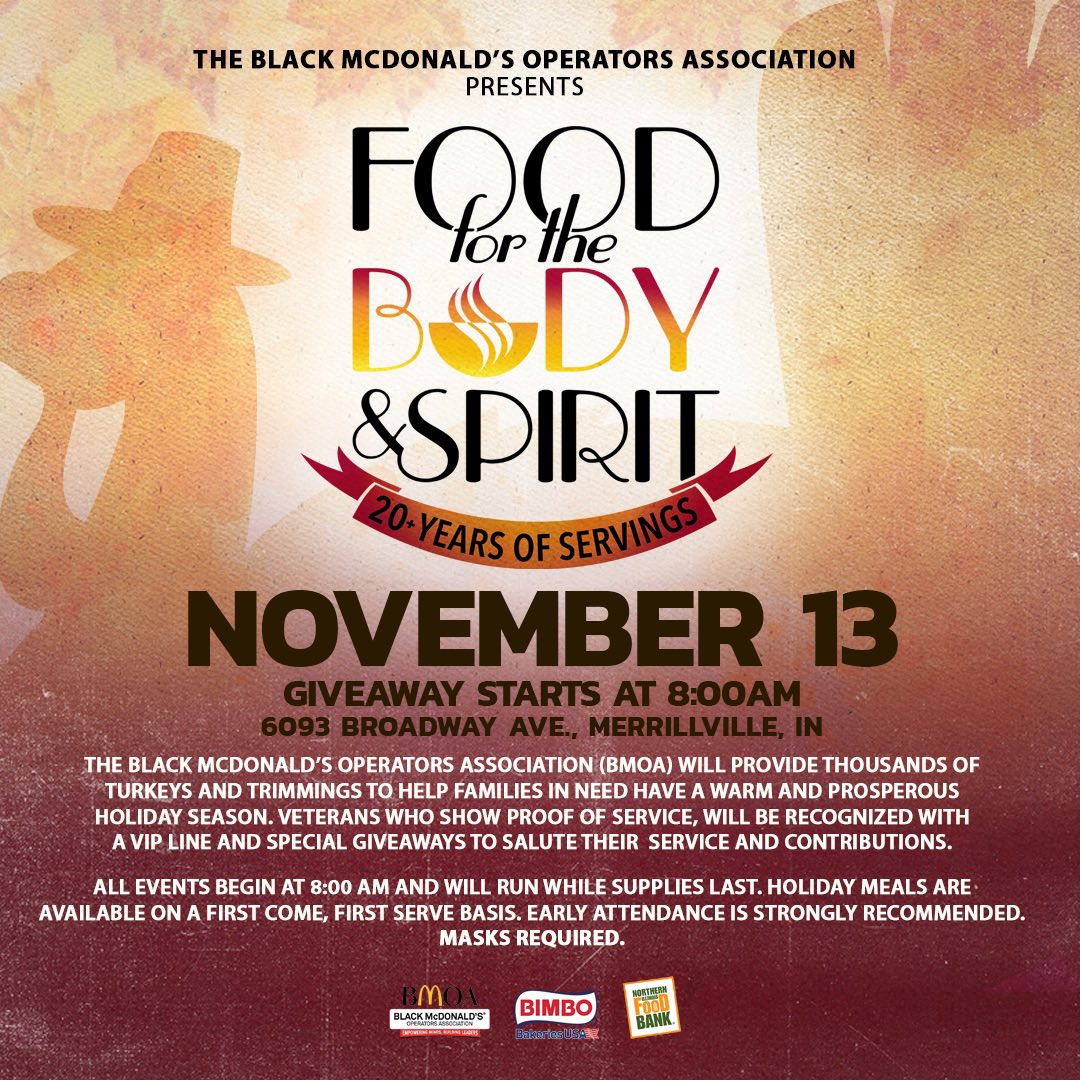 BMOAChicagoland's tweet photo. And we’re back again for day 3 of Food for the Body and Spirit turkey and trimmings giveaway! Today we’re in Merrillville, IN at 6093 Broadway Ave. If you’re in Northwest Indiana, come through! We’re here while supplies last. #foodforthebodyandspirit  #happythanksgivng 🦃🍁 https://t.co/8FDeHDaMXo