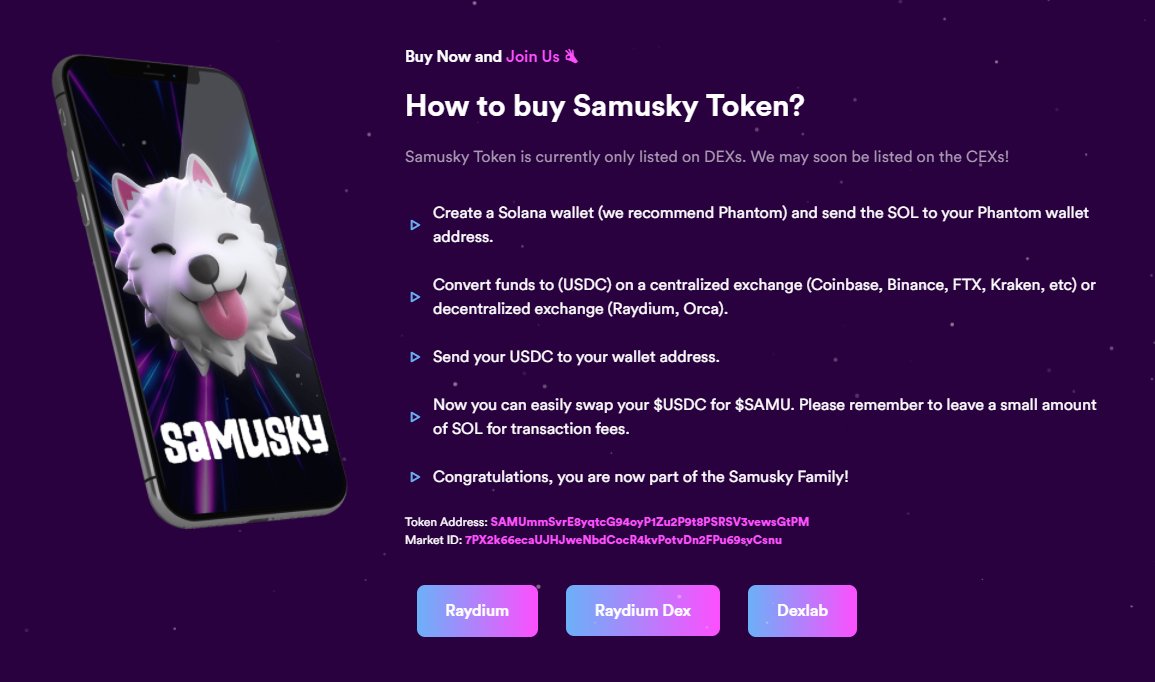samuskyio's tweet photo. How to buy $SAMU?
Raydium Swap: https://t.co/vM1yRTQUZp
Raydium Dex: https://t.co/88dNMqA66k
Dexlab: https://t.co/zJeehBVP4o
Jupiter: https://t.co/oHkeE23fWc
#SamuskyToken #Solana $SOL https://t.co/50stFm3xNT