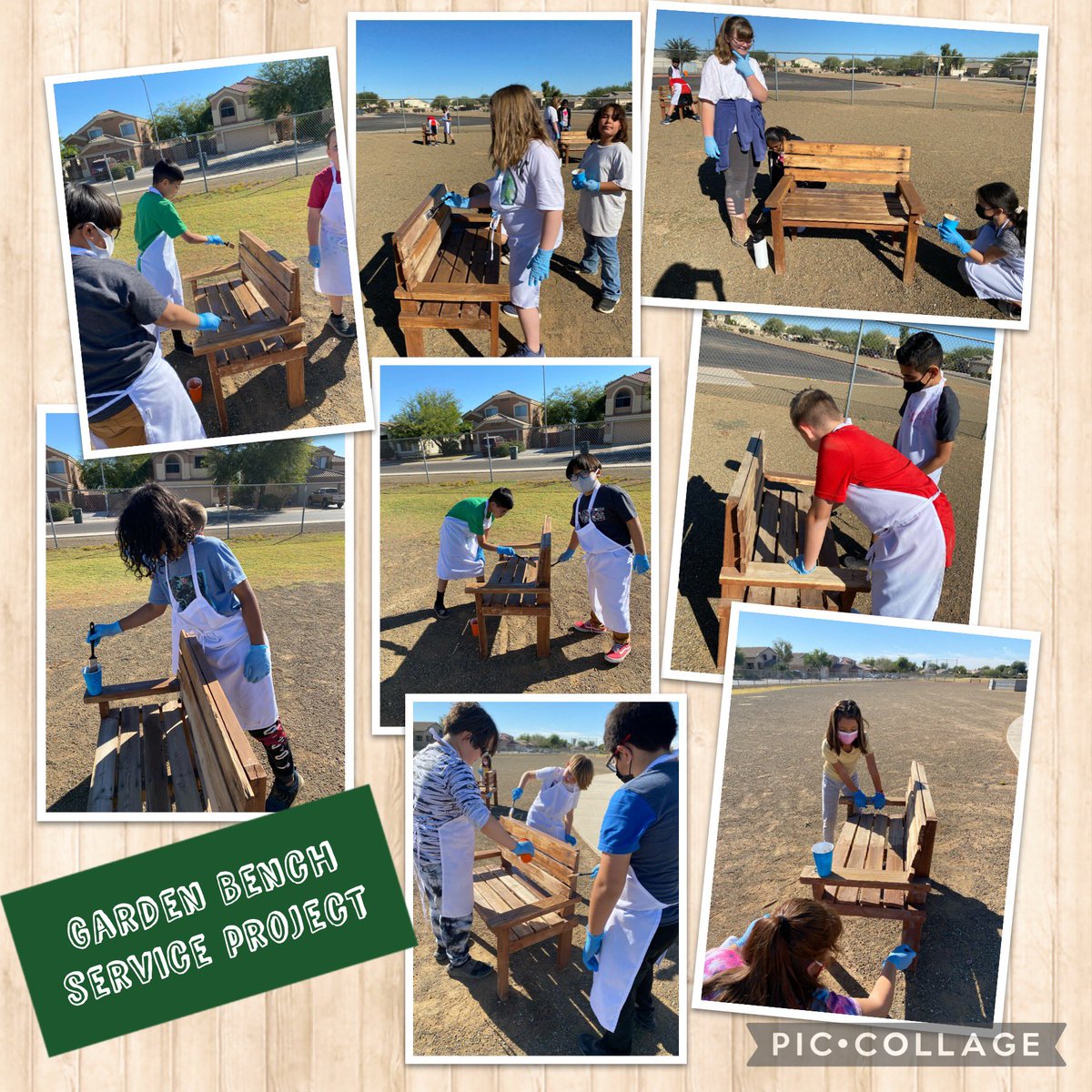 CGESDWINGS's tweet photo. Fifth-graders worked together to restore the benches in our school garden. They sanded and stained them. Stay tuned for our next beautification project! https://t.co/4HhmR8U6m2