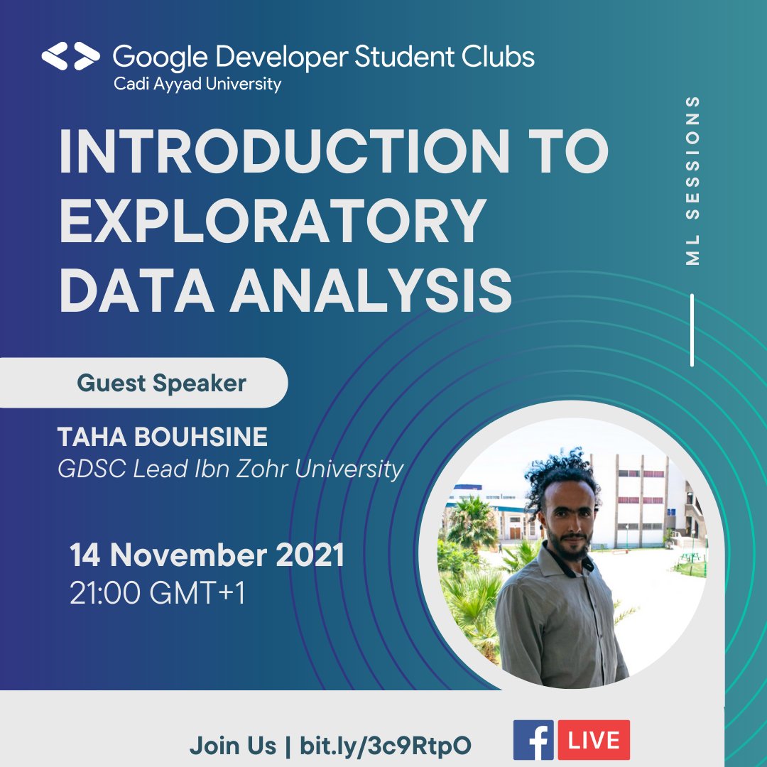GDSCUCA's tweet photo. Session #3 - Workshop // GDSC UCA ML Sessions 🔥️
Introduction To Exploratory Data Analysis (EDA) 😍.
🗓️ TOMORROW 14/11/2021 AT 21:00 GMT+1 ⌚️

🏷️ Register Here: https://t.co/NNDNhMZrUL

#GoogleDeveloperStudentClubs
#GDSCMENA
#gdscuca
#MachineLearning https://t.co/0w6IY8865q