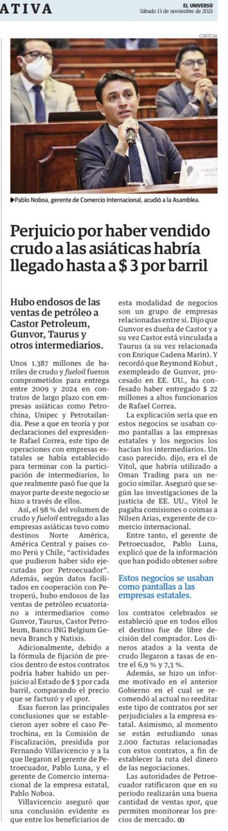 VillaFernando_'s tweet photo. 🔴BRUTAL🔴 El gerente de comercio internacional de ⁦@EPPETROECUADOR⁩ Pablo Noboa, confirmó un perjuicio de $3/barril en los contratos con #Petrochina. Por 1370 millones de barriles comprometidos, la pérdida supera los $4000 millones. El mayor atraco de la historia. https://t.co/vex1UhVkmP