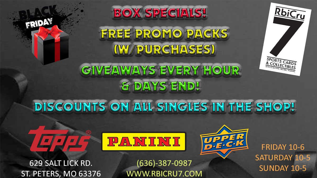 RbiCru7's tweet photo. Black Friday is coming!!!!
Full details to follow soon.
Stay tuned….. #blackfriday #giveaways #promopacks #discounts #freeprizes #prizes #rbicru7 #blackfridayiscoming #blackfriday2021 #topps #panini #upperdeck #leaf #breakking #SupportYourLCS https://t.co/ALSe4zvT01