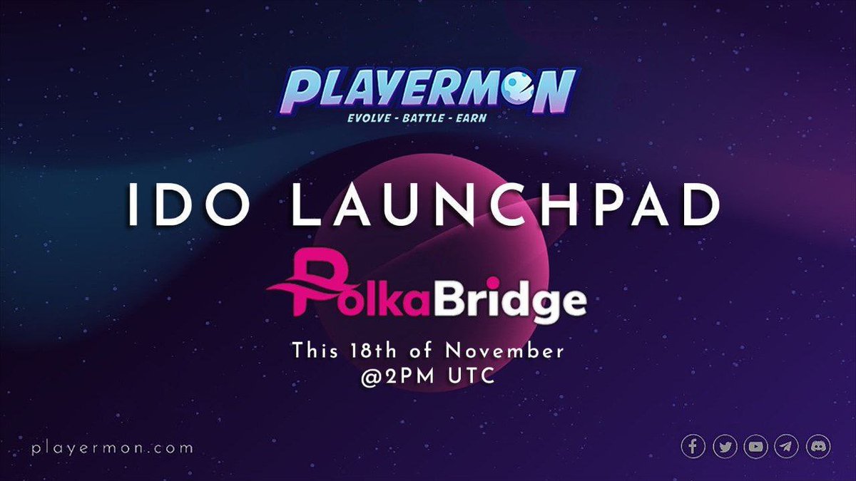 playermons's tweet photo. ‼️ ANNOUNCEMENT ‼️ 

WE ARE LAUNCHING!

Playermon and PolkaBridge  proudly announces IDO Launch on November 19, 2021.

For more information, visit their website. Click on this link -
https://t.co/bSajI3Cq8y

#Playermon #PolkaBridge  #BlockchainGame #p2e #IDO https://t.co/YhHJnEdO1Z