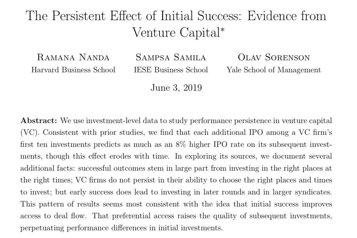 A startup paper that everyone should know: Investors who find a surprise unicorn almost never find another… but they are viewed as insightful investors &amp; thus forever get better deal flow as the “person who invested first in Uber,” so they keep winning: hbs.edu/ris/Publicatio…
