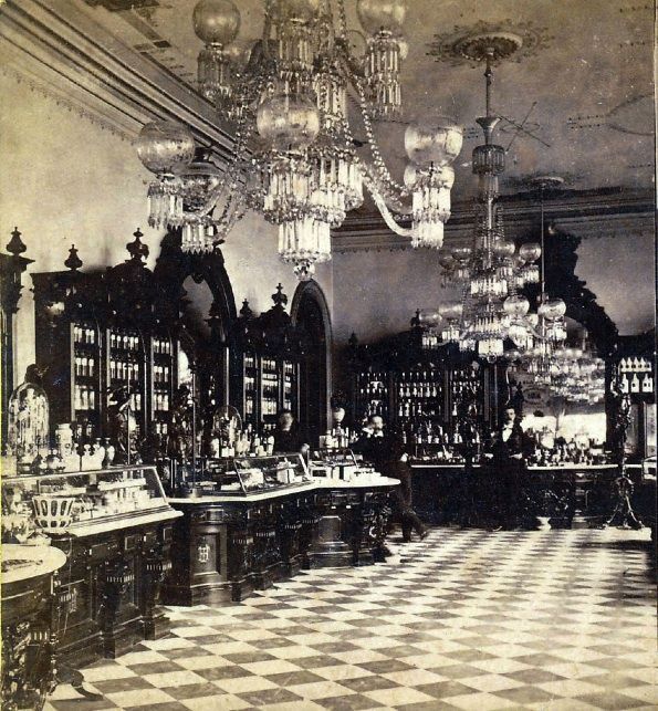 wikivictorian's tweet photo. Interior of Helmbold’s Drug Store, New York City. Photographed in 1880. https://t.co/I8chezh20X