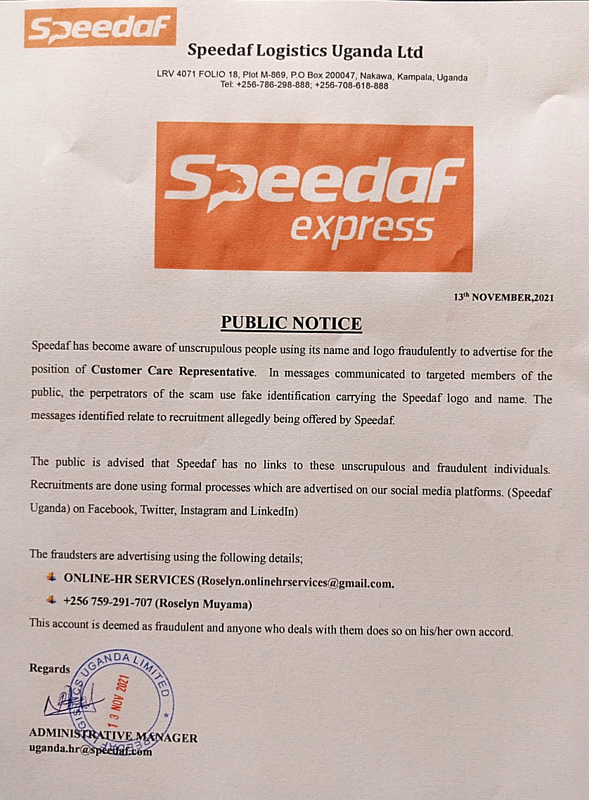 A WARNING to the general public about unscrupulous people (ONLINE-HR SERVICES) using our name and logo to fraudulently advertise for various vacancies as well as soliciting money from them. BEWARE!!  Anyone dealing with them does so at his or her own accord.

#SpeedafExpress
