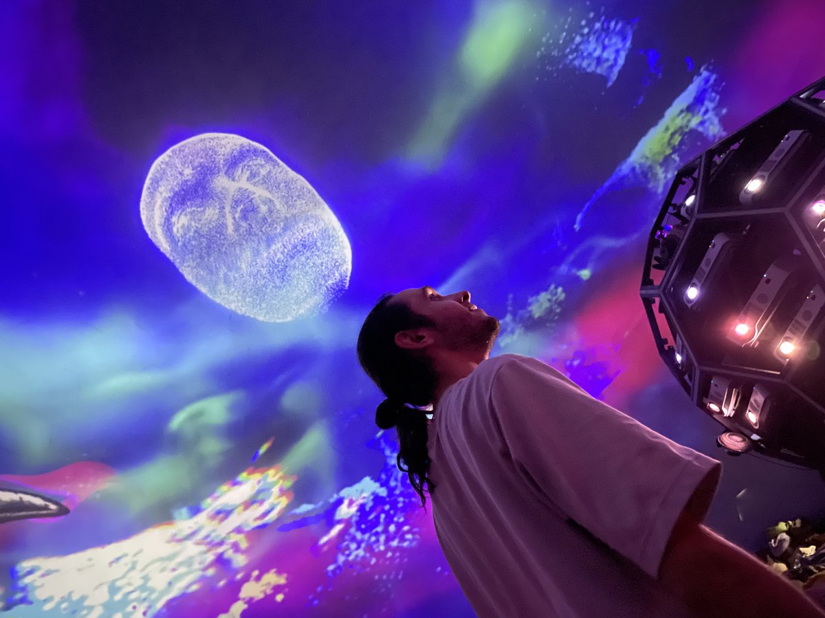 First on stage tests looks EPIC! Look at the scale!
It is so incredible to see how my #VR sculpted assets fill the whole space at #Planetarium1 
btw there is my face #3D #scan going to watch the visitors at the upcoming show of <a href="/AnettaMorozova/">Anetta Morozova</a> 

#TouchDesigner <a href="/1null1/">TouchDesigner</a> #projection