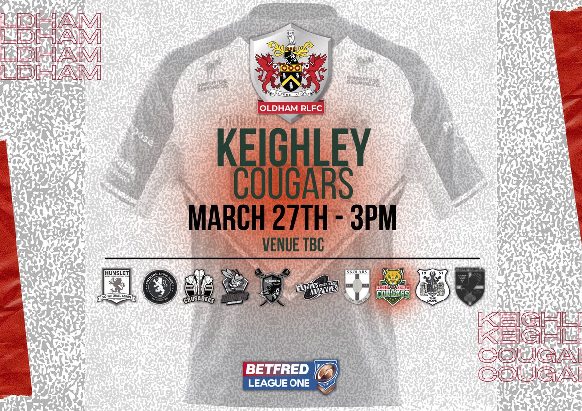 Roughyeds's tweet photo. FIXTURES | 🗓

THE @Betfred League 1 fixtures for 2022 will be announced at 3pm tomorrow.

BUT, we can tell you now that our first HOME game will be against @Cougarmania on Sunday, March 27 with a 3pm kick-off.

🔴⚪️

#OldhamRL2022 #YedsTogether https://t.co/m5LcOYjk2s