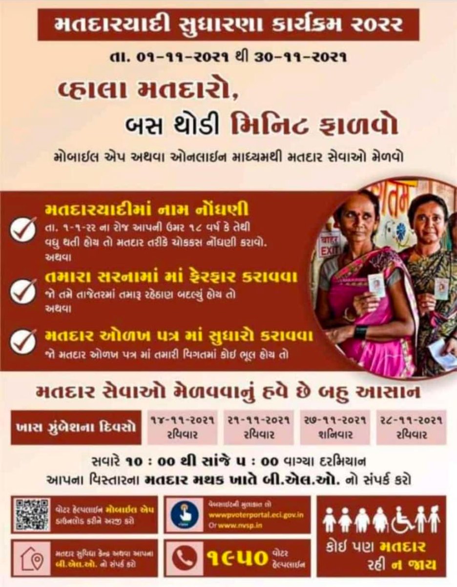 મતદાર યાદી સુધારણા કાર્યક્રમ 2022 
તા.૦૧/૧૧/૨૦૨૧ થી તા.૩૦/૧૧/૨૦૨૧
ખાસ ઝૂંબેશના દિવસો..
(૧) તા.૧૪/૧૧/૨૦૨૧ રવિવાર 
(૨) તા.૨૧/૧૧/૨૦૨૧ રવિવાર
(૩) તા.૨૭/૧૧/૨૦૨૧ શનિવાર 
(૪) તા.૨૮/૧૧/૨૦૨૧ રવિવાર
<a href="/DdoBanaskantha/">DDO Banaskantha</a> <a href="/CollectorBK/">Collector & DM Banaskantha</a> <a href="/sdmtharad/">Dy.collector & SDM Tharad</a> <a href="/TharadMamlatdar/">Mamlatdar & Executive Magistrate Tharad</a> <a href="/pkumarias/">Pankaj Kumar</a> <a href="/vmittra/">VIPUL MITTRA</a> <a href="/brijeshmeja1/">Brijesh Merja</a>