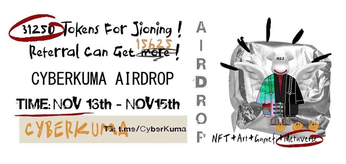 AirdropKingNews's tweet photo. New Airdrop: CyberKuma
Reward: : 30,000 tokens (~$2)
Distribution date: November 17th

🔗Airdrop Link: https://t.co/xFp5lvUPtN

 -Complete all tasks of the airdrop
-Submit your BSC wallet address
-Also get 100 tokens For each referral 
-This airdrop For 200 random participant https://t.co/2RUDZk61Tl