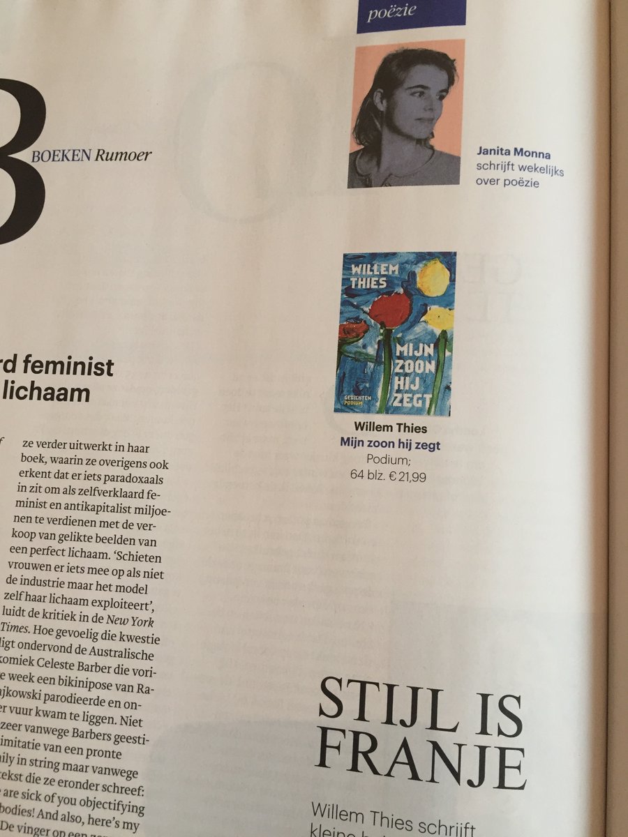 willemthies's tweet photo. Heel verguld met deze bespreking van 𝑀𝑖𝑗𝑛 𝑧𝑜𝑜𝑛 ℎ𝑖𝑗 𝑧𝑒𝑔𝑡 in 𝑻𝒓𝒐𝒖𝒘 vandaag! Door Janita Monna (zaterdagbijlage p.44-45) 
*
'onvergetelijke regels', zonder effectbejag/'poespas'. 
*
En paar fijne quotes uit de bundel, incl. compleet gedicht. # Mijn zoon hij zegt https://t.co/5yrKfzxAdl
