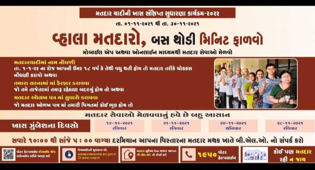 મતદાર યાદી સુધારણા કાર્યક્રમ 2022 
તા.૦૧/૧૧/૨૦૨૧ થી તા.૩૦/૧૧/૨૦૨૧
ખાસ ઝૂંબેશના દિવસો..
(૧) તા.૧૪/૧૧/૨૦૨૧ રવિવાર 
(૨) તા.૨૧/૧૧/૨૦૨૧ રવિવાર
(૩) તા.૨૭/૧૧/૨૦૨૧ શનિવાર 
(૪) તા.૨૮/૧૧/૨૦૨૧ રવિવાર
<a href="/DdoBanaskantha/">DDO Banaskantha</a> <a href="/CollectorBK/">Collector & DM Banaskantha</a> <a href="/sdmtharad/">Dy.collector & SDM Tharad</a> <a href="/TharadMamlatdar/">Mamlatdar & Executive Magistrate Tharad</a> <a href="/pkumarias/">Pankaj Kumar</a> <a href="/vmittra/">VIPUL MITTRA</a> <a href="/brijeshmeja1/">Brijesh Merja</a>