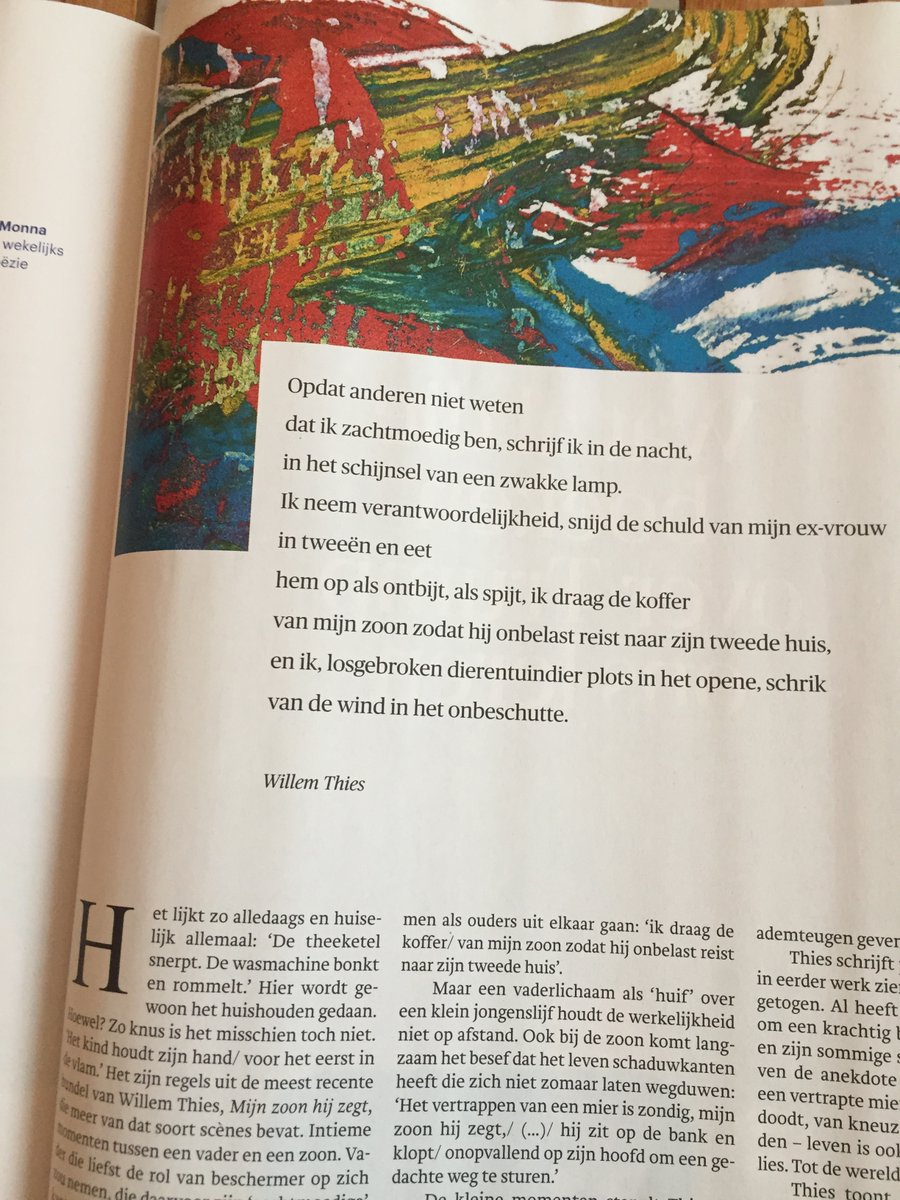 Heel verguld met deze bespreking van 𝑀𝑖𝑗𝑛 𝑧𝑜𝑜𝑛 ℎ𝑖𝑗 𝑧𝑒𝑔𝑡 in 𝑻𝒓𝒐𝒖𝒘 vandaag! Door Janita Monna (zaterdagbijlage p.44-45) 
*
'onvergetelijke regels', zonder effectbejag/'poespas'. 
*
En paar fijne quotes uit de bundel, incl. compleet gedicht. # Mijn zoon hij zegt