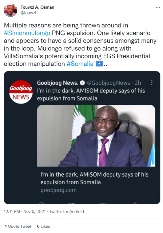 SahalMagazine's tweet photo. "It is better to keep your mouth closed and let people think you are a fool than to open it and remove all doubt" Mark Twain #NovemberFool
Why should #Amisom be involved with any election at all?
Please someone talks to this Adeer 👇 and tell him to stick with #Simping 😂🤣 https://t.co/MQlsyzWZyg
