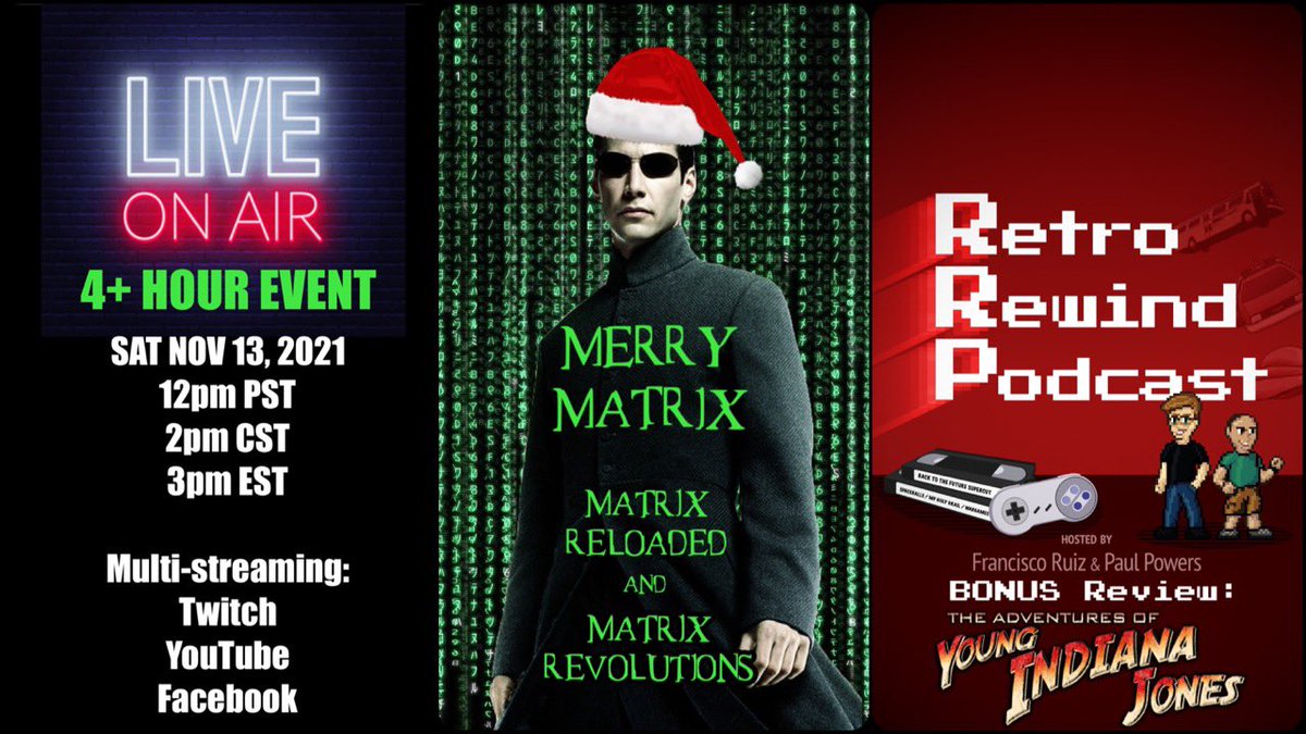 pauljpowers's tweet photo. Podcasting our review of Matrix Reloaded and Revolutions for the #RetroRewindPodcast @retrorewindpod. 
Who’s excited for Resurrections? #merrymatrix https://t.co/50TZt1gNCo