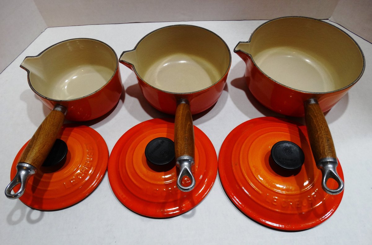 valuedrarities's tweet photo. Still available in my #etsystore! Le Creuset 3 Covered Saucepan Set - 14 cm, 16 cm and 18 cm - Exc Cond

#ValuedRarities #lecreuset #vintagekitchen #vintage #kitchenware 

.. https://t.co/z5dcvcplgd https://t.co/zxjfZXMu4s