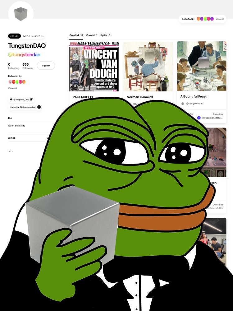 TungstenDAO treasury now at 137.2E. Feels Dense Man.
<a href="/6529er/">6529er</a> @12yrold_with_cc <a href="/ArchanNair/">Archan Nair</a> <a href="/Poseidon_SF/">Poseidon DAO</a> <a href="/Vince_Van_Dough/">VincentVanDough</a> <a href="/PhilxEth/">philx</a> <a href="/SkifeHam/">Skife</a> <a href="/lphaCentauriKid/">a.c.k.</a>