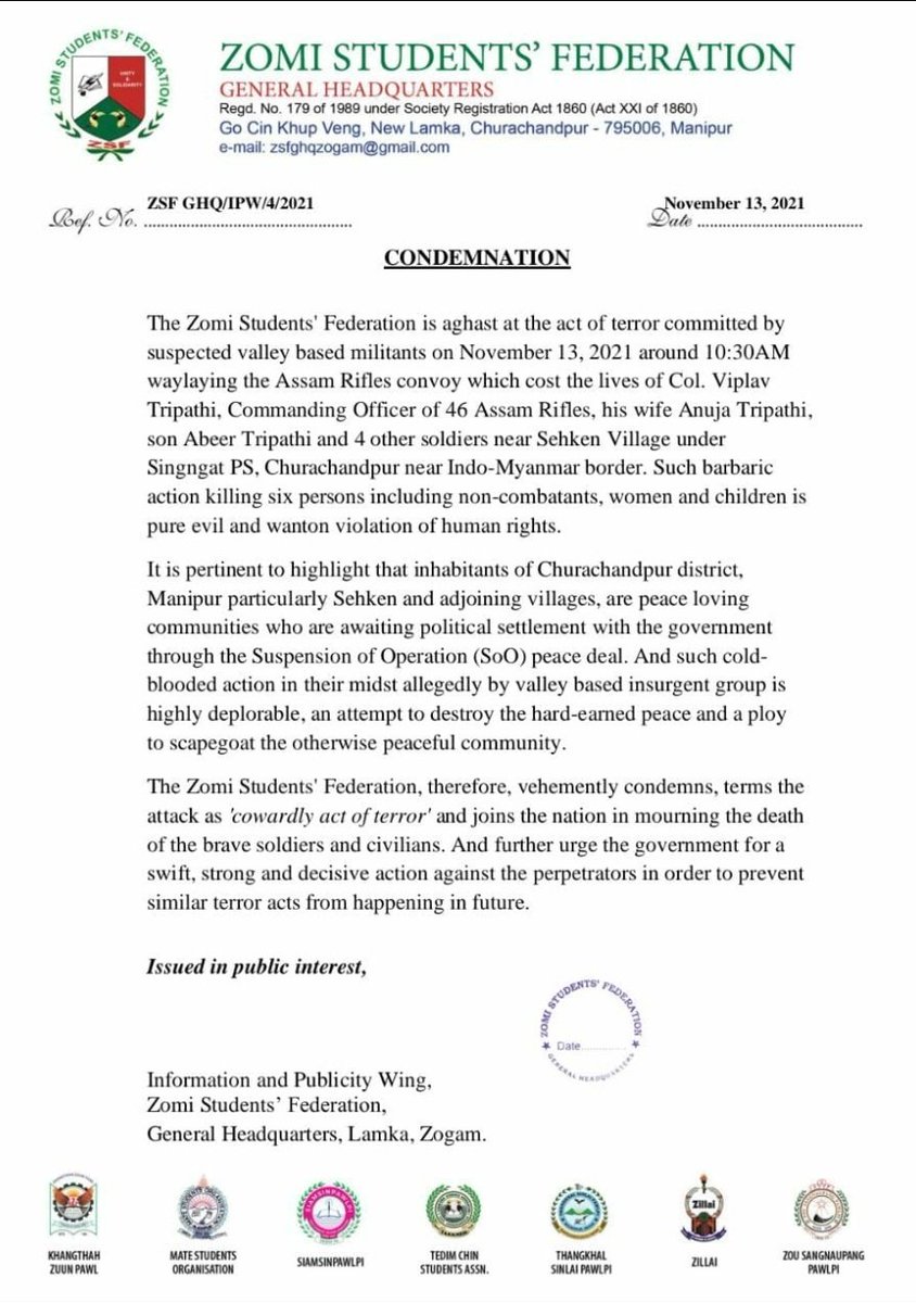 #Zomi frontal organisations condemns the gruesome attack on 46 AR CO and team near Behiang, Manipur today. This is an act by external elements who want to disturb the hard earned peace in Zomi area of Manipur. 

@PRODefImphal