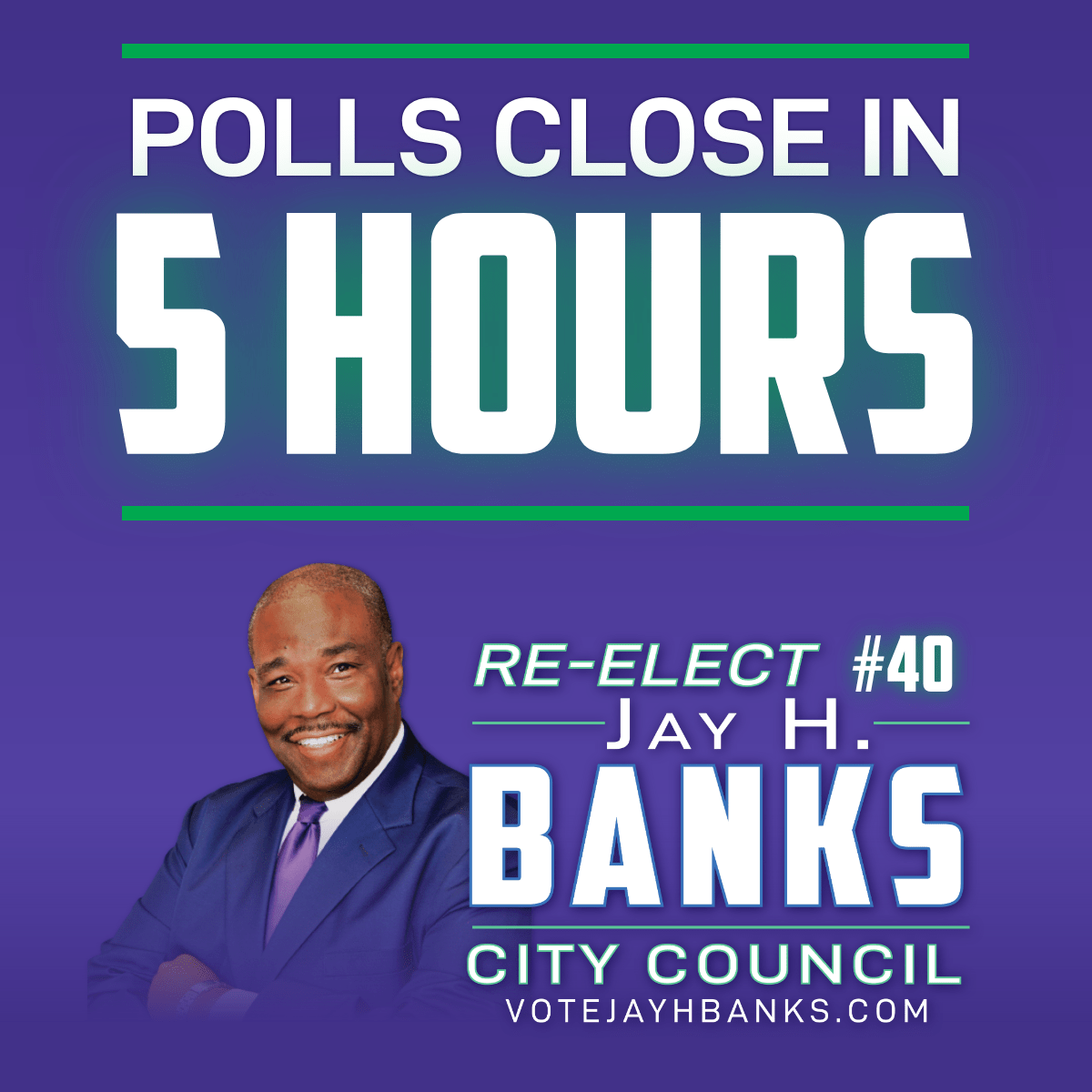 votejayhbanks's tweet photo. Only 5 more hours until polls close. Get out and vote District B! #StayWithJay https://t.co/lDqKLD2ClZ