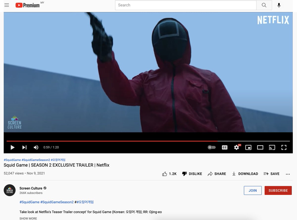 clintonjeff's tweet photo. This is a perfect example of what @MKBHD was talking about. 

Here's a fake trailer for "Squid Game Season 2" but because you cant see the dislike number, you don't know its fake until you start realizing all the random movie clips they put together https://t.co/vVNxRMqQfi