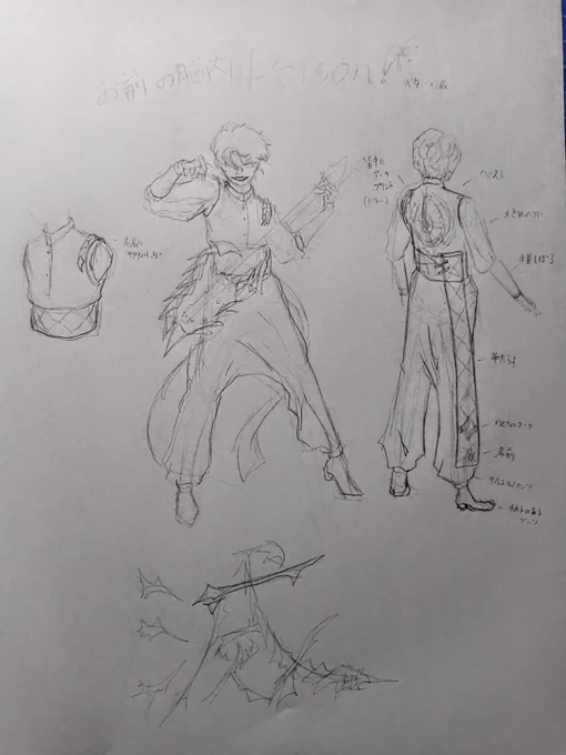 スキマ時間に爆誕した低クオリティラクガキなので見えにくすぎるのとか許してほしいんやけど、バンドギターのほろのビジュ妄想したんでせっかくやから見てほしいです。
忙しいweek終わったら4人分清書してもっぺん出す(予定)。
衣装とか考えるの好きやねん…。 