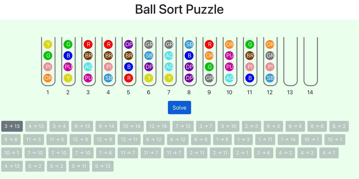 ListPuz's tweet photo. 最近遊び始めたパズルゲームで、同じ色のボールが揃うように並び替えるパズルがあるんだけど、時々行き詰まるレベルがあっていよいよ困ってしまい、お勉強のためにクリア手順を探索するプログラムを書いた😅
#BallSortPuzzle
#watersortpuzzle https://t.co/rDj7srKTqp