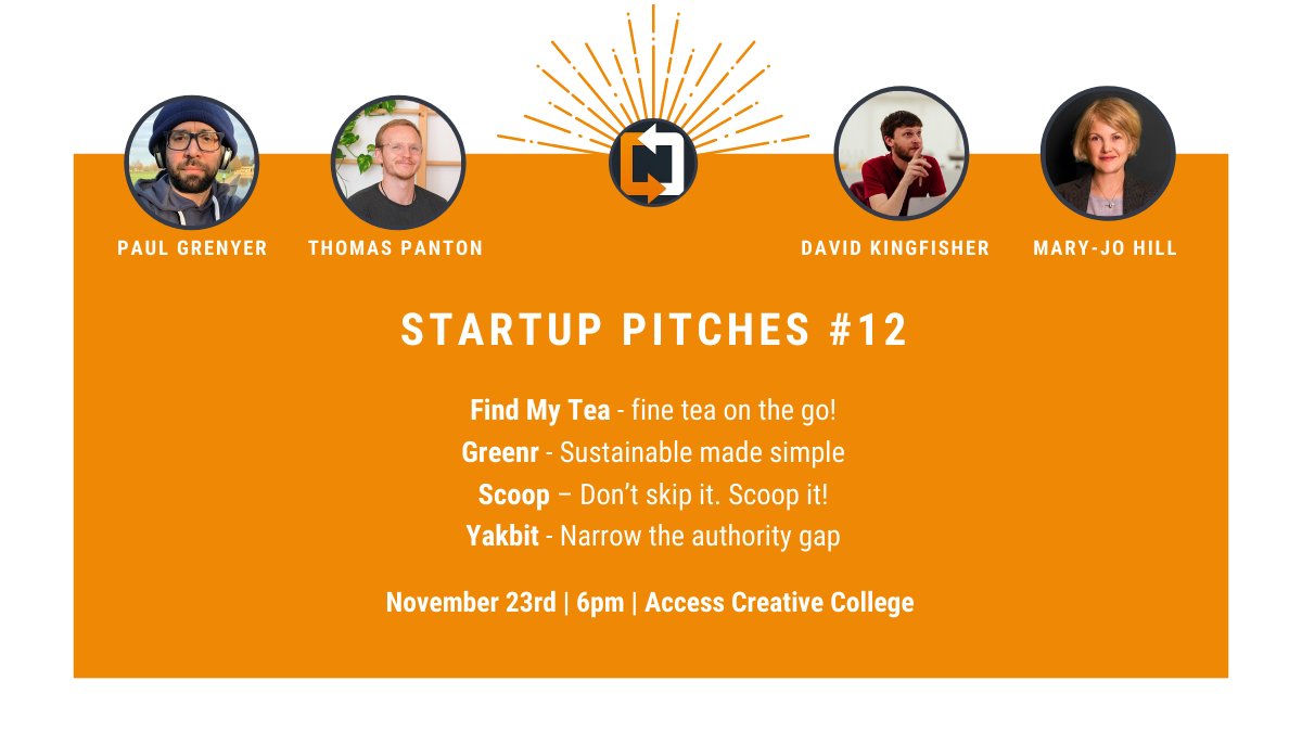 Startup Pitches #12 - with pizza, beer and live music 🍕🍺🎹!

Find My Tea - fine tea on the go
Greenr - Sustainable made simple
Scoop – Don’t skip it. Scoop it
Yakbit - Narrow the authority gap

🙏 <a href="/PurpleTuesday/">Purple Tuesday</a> <a href="/leathesprior/">Leathes Prior Solicitors</a> <a href="/FXhome/">FXhome</a> @access_creative

🎟️ meetup.com/syncnorwich/ev…