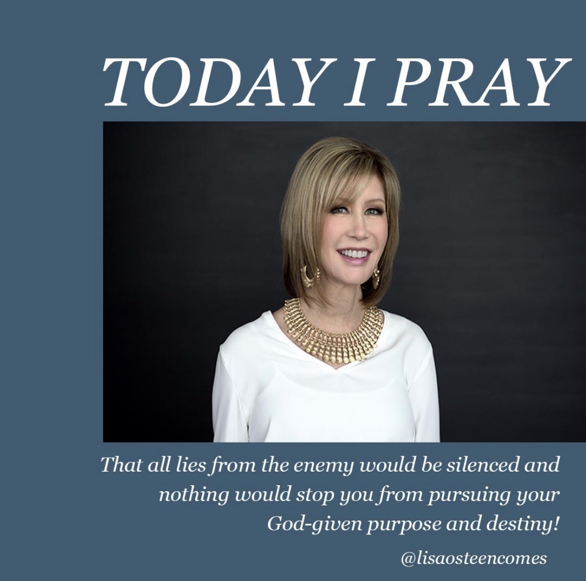lisaosteencomes's tweet photo. Today I pray that all lies and fear, anything that has been holding you back, would be silenced and that you will walk boldly in the plan that God has for your life. If you or someone you know are in need of pray comment below. I'd love to pray with you.

#lisaosteencomes #prayer https://t.co/xPBycvJhzw