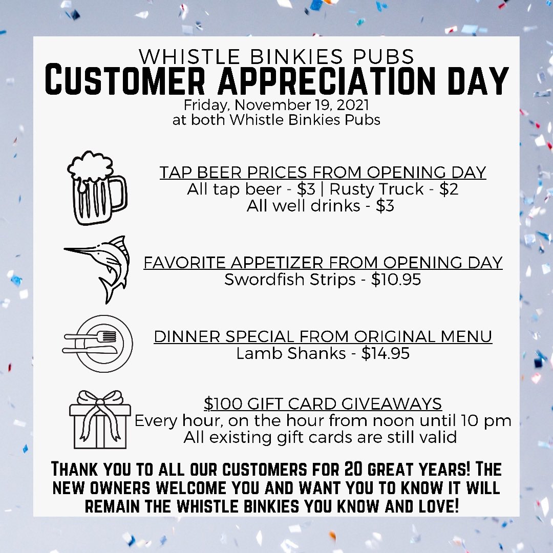 BinkiesPubs's tweet photo. Join us Friday, all day, at both pubs as we thank YOU for all of your support over the years! We’ll have some of our fan favorites from opening day (including beer prices), and will be doing gift cards giveaways all day long! 🍻 https://t.co/IGbAwIfuyU