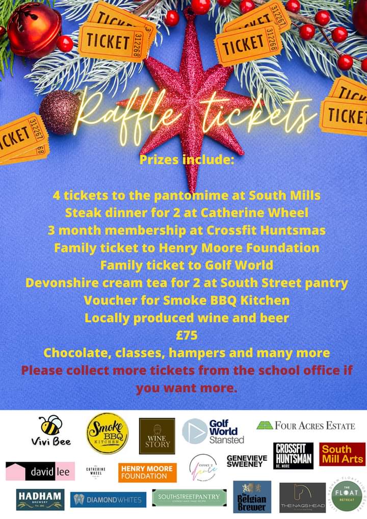 Your child should have brought home raffle tickets. We have some amazing prizes and more donations are coming in. Please sell them to your friends and relatives. All proceeds go to Little Hadham Primary School.Please ask at the school.office if would like more tickets.